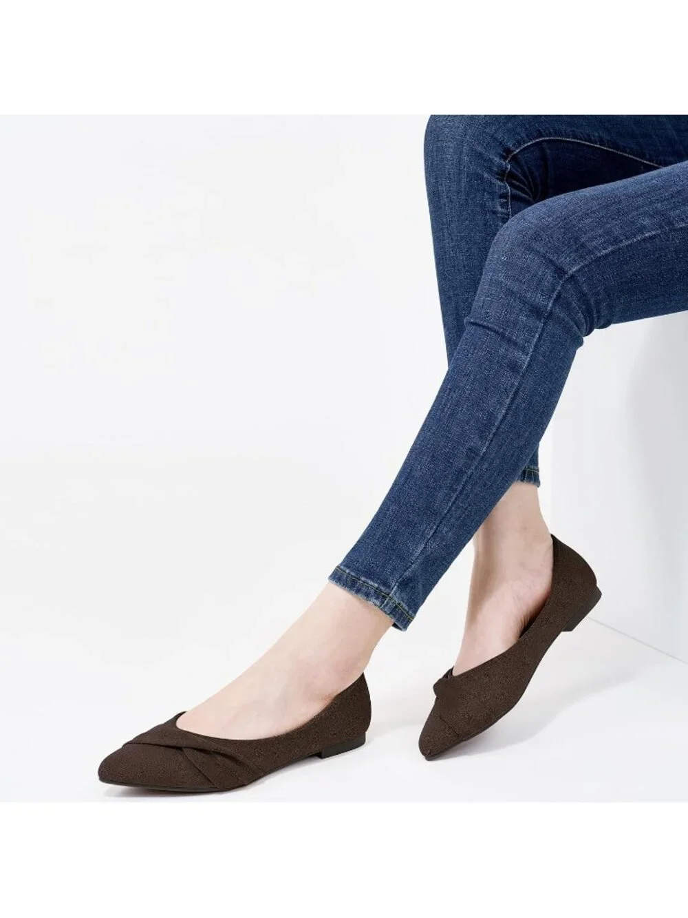 Women's Coffee Rubber Suede Elegant Bow Knot Pointed Toe Flat Comfortable Shoes